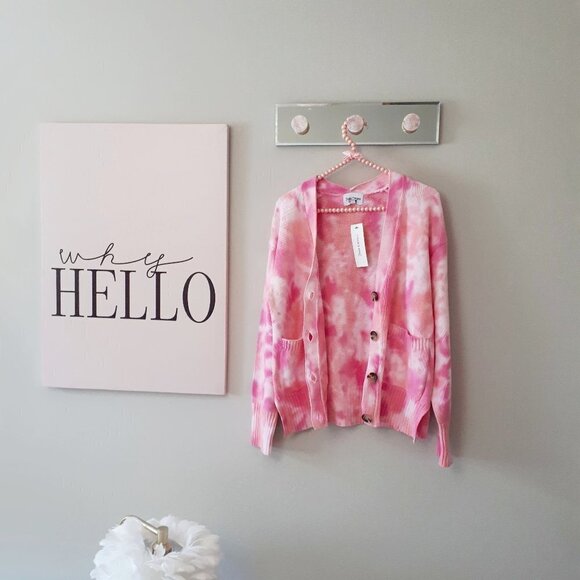 NWT Juicy Couture pink, orange, white tie dye knit V-neck cotton cardigan, S - Picture 6 of 7